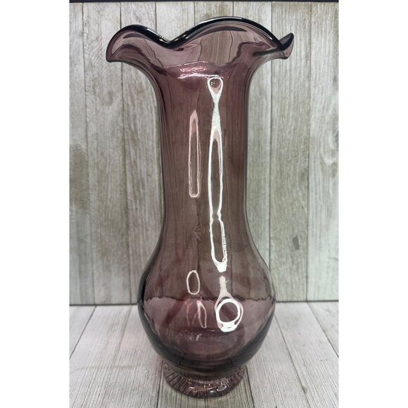 Vintage Amethyst Purple Blown Art Glass Long Neck Vase Ruffled Edge 11" Tall - Picture 1 of 9